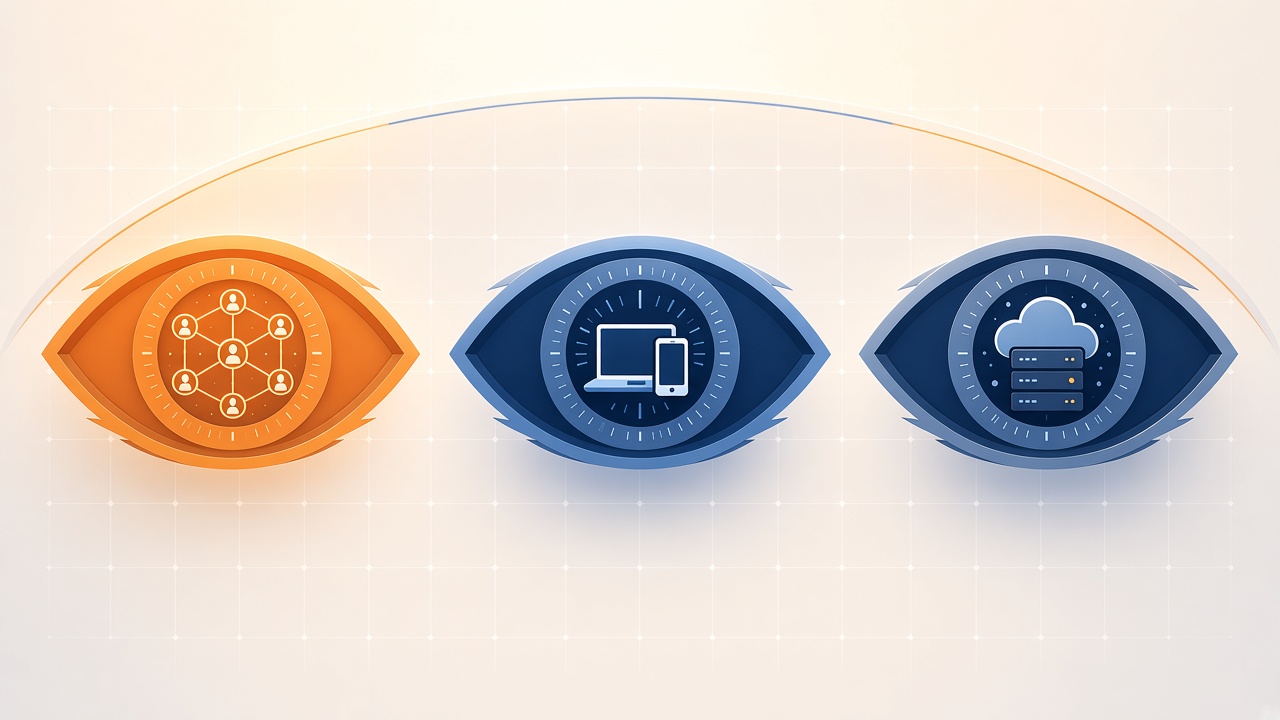 Tres ojos: el naranja muestra una red de personas, el del centro un portátil y un teléfono, y el de la derecha una nube con servidores.