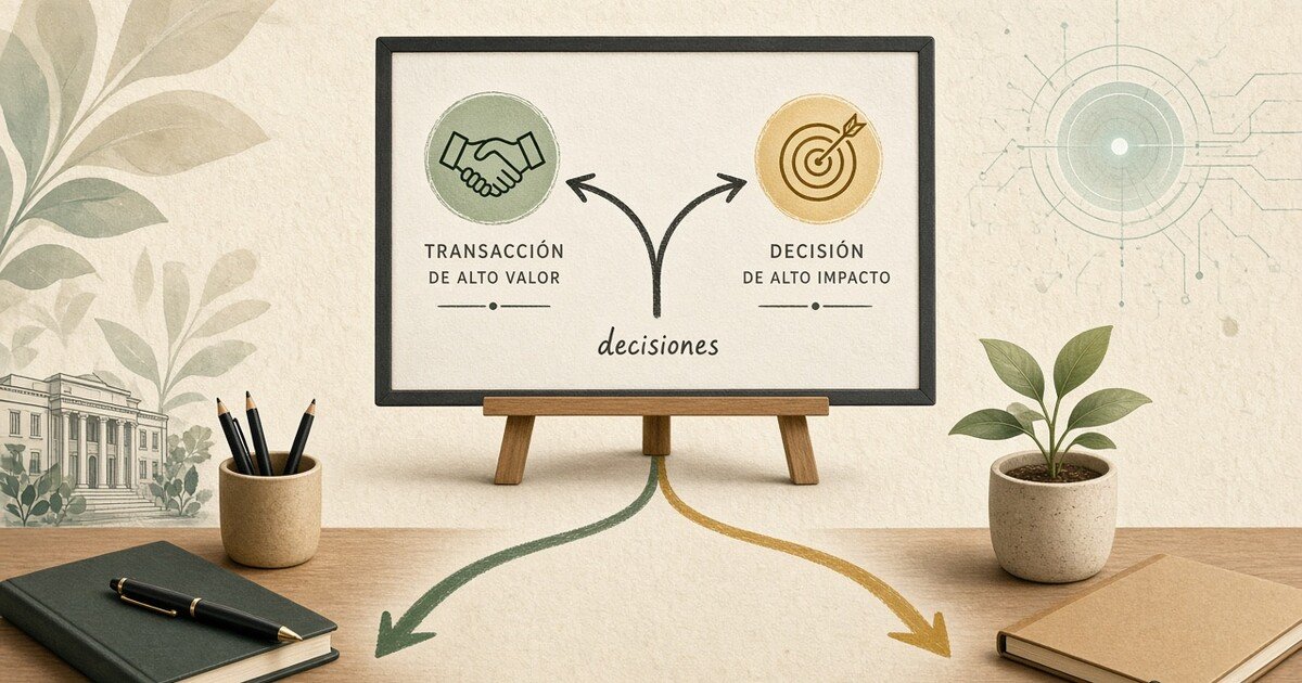 Pizarra con una transacción de alto valor y una decisión de alto impacto unidas por la palabra decisiones