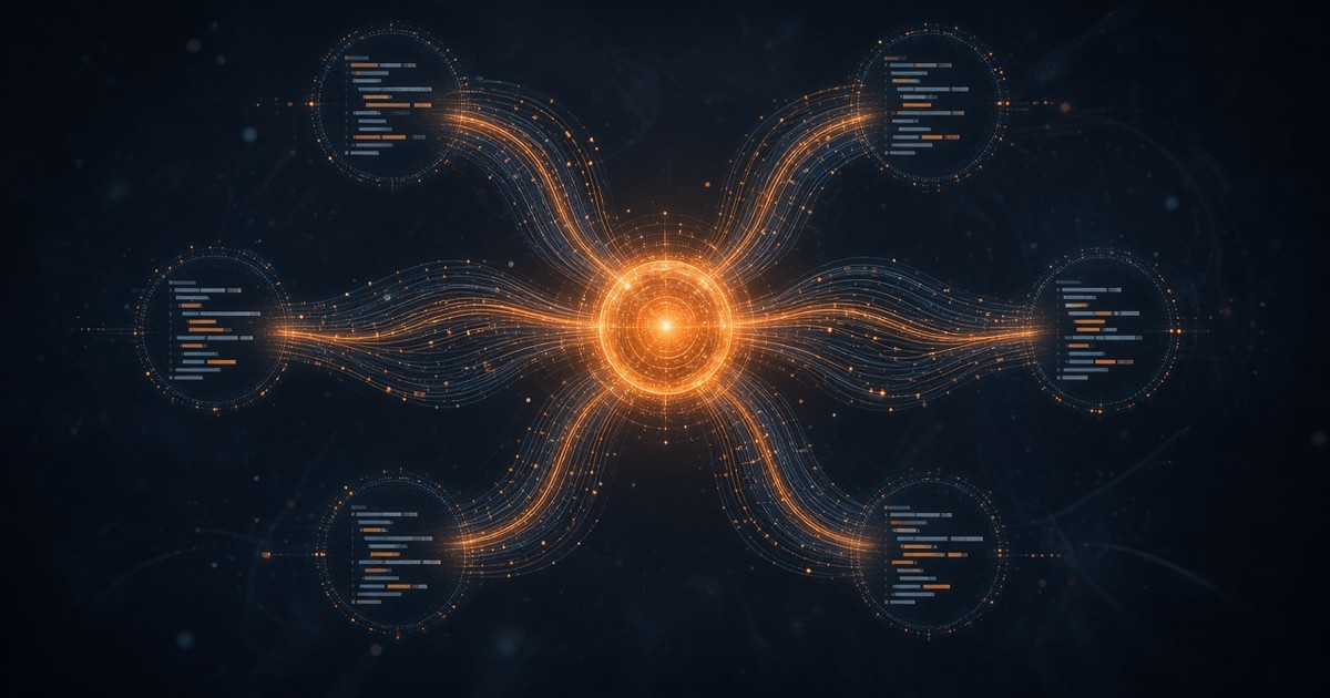 Ilustración abstracta de un nodo central que coordina varios agentes de código conectados por líneas de datos.