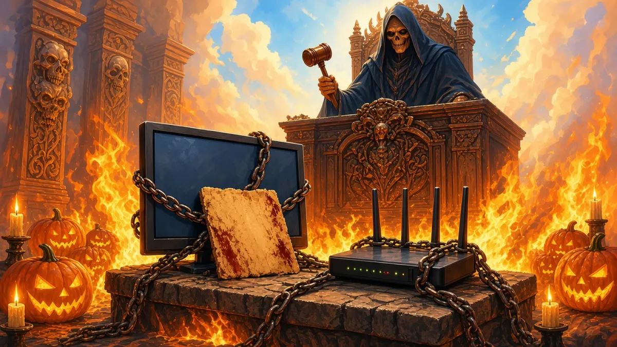 Ilustración de Halloween: un router y un televisor genéricos, encadenados, comparecen ante un juez en un tribunal infernal.